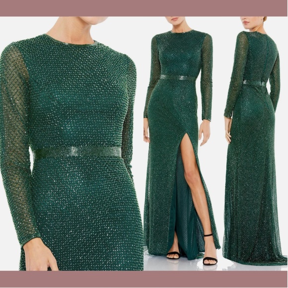NWT $498 Mac Duggal‎ [ 16 ] Beaded Long Sleeve High Slit Gown Bottle Green - Picture 1 of 15